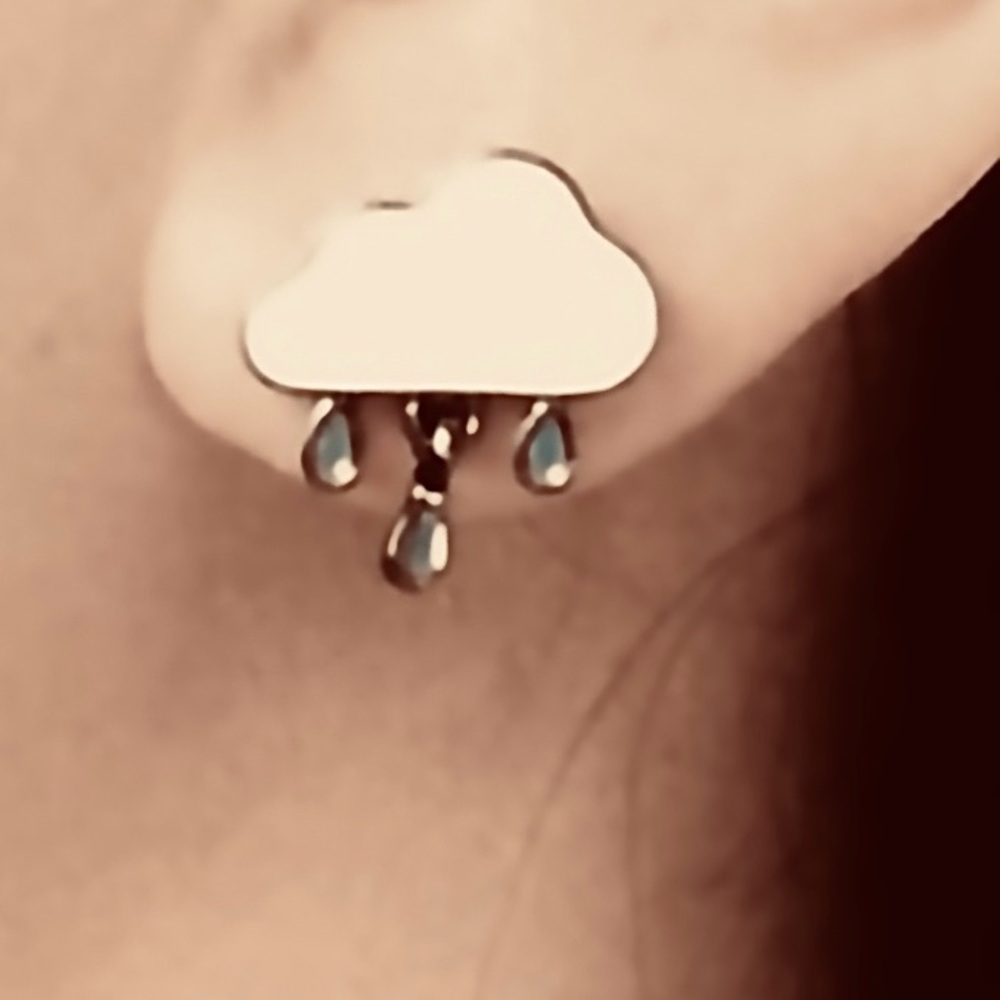 Stormy Skies- Rain Drop Cloud Blue White Enamel Dainty Mini Dangle Gunmetal Stud - Picture 3 of 14